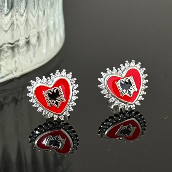 Albania Flag Earrings Heart bling S925 Sterling Silver Handmade Ear Stud - Picture 6 of 6